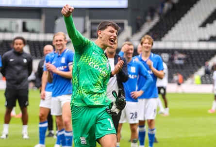 Birmingham keeper James Beadle celebrates with fans after their win at Pride Park.