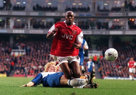 Arsenal’s Ian Wright is denied by a vital tackle by Blackburn Rovers’ Colin Hendry.