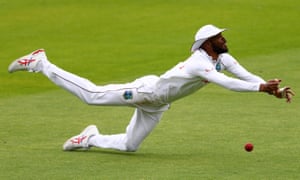 West Indies’ Roston Chase fails to catch out England’s Ollie Pope.