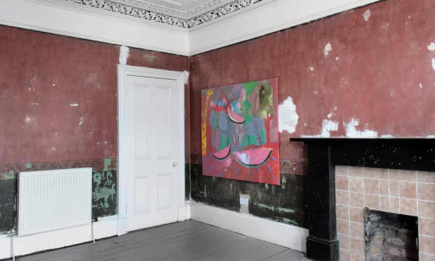 Gallery Celine, Glasgow. A room at the artists' house with painted walls and an artwork on the wall.