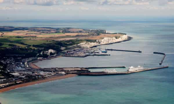 An aerial view of the port of Dover, with Goodwin Sands at the horizon.