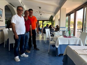 Chef Giuseppe Verrone, left, and two of Carmine Verrone’s other sons, Mario, centre, and Armando, right, at Da Carmine restaurant, Ogliastro Marina, Italy