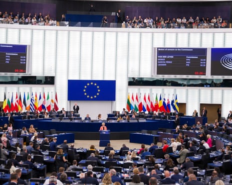 European Commission President Ursula von der Leyen gives a speech during a plenary session at the European parliament, where a motion of censure against the European Commission is debated, in Strasbourg.