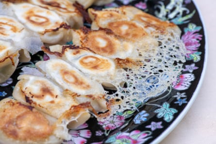 Close-up image of fried pork dumplings with a crisp lace on a floral plate.