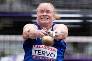 Krista Tervo of Finland reaches for glory in women’s hammer throw qualification.