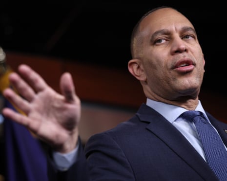Hakeem Jeffries answers questions during a press conference at the US Capitol, 12 February 2026.
