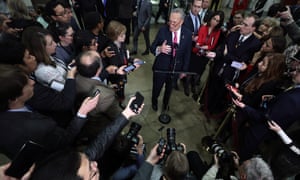 The Senate minority leader, Chuck Schumer, speaks to members of the media during a break in the trial.