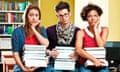Lots of learning<br>Three worried students sitting in a library, holding piled up books.
