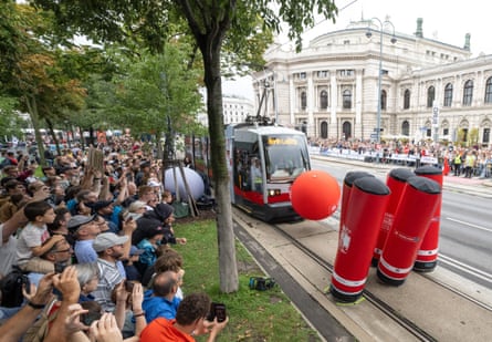 Drivers play a round of tram bowling during the tram driver world championship