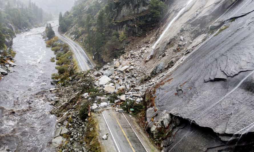 California's Highway 70 is covered by rocks and mud as a historic rain event hit the northern part of the state