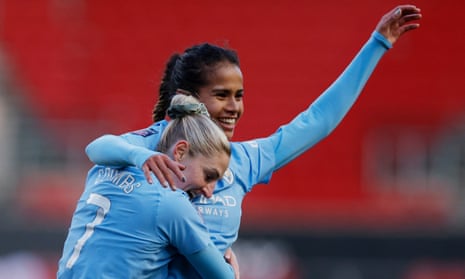 Manchester City’s Mary Fowler celebrates scoring their first goal with Laura Coombs