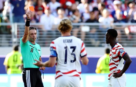 Folarin Balogun is shown a red card