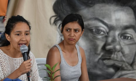 Bertita Zúñiga Cáceres, daughter of the late Berta Cáceres, demands justice for her mother’s murder at a gathering in Tegucigalpa, as her sister Laura looks on