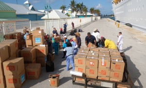 Relief aid being offloaded from a cruise ship in the Bahamas in the wake of Hurrican Dorian.