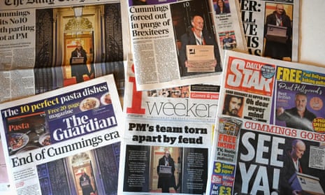 Newspaper front pages reporting on Dominic Cummings’ departure from No 10