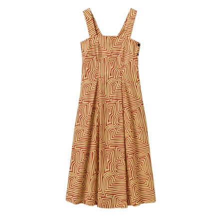 A red and cream maze print poplin dress with thick straps.