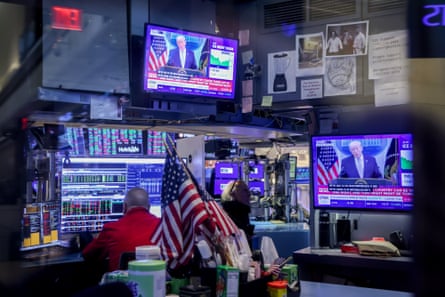 A television station broadcasts a news conference featuring Donald Trump.