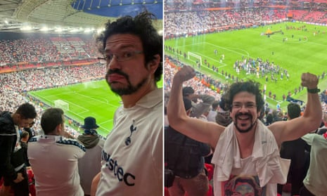 Tottenham fan Rob Davies (pictured at half-time and full time) at the Europa League final against Manchester United in Bilbao