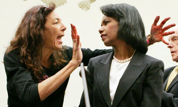 Desiree Fairooz confronts Condoleeza Rice in 2007. Fairooz has been convicted after laughing during a confirmation hearing for Jeff Sessions as attorney general.