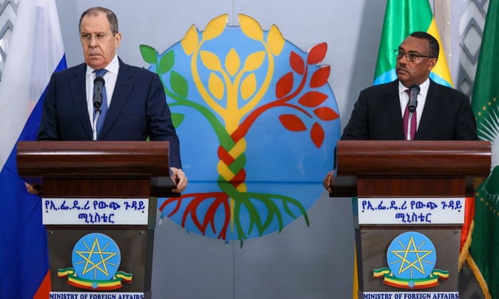 The Russian foreign minister, Sergei Lavrov (left), and foreign minister of Ethiopia, Demeke Mekonnen Hassen, attend a press conference during their meeting in Addis Ababa.