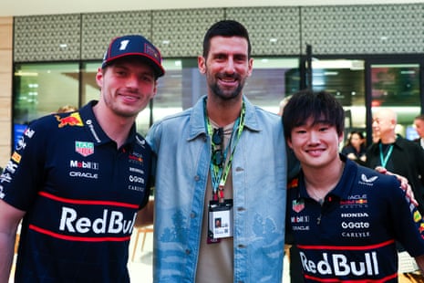 Max Verstappen and Yuki Tsunoda of Oracle Red Bull Racing pictured with Novak Djokovic prior to the F1 Grand Prix of Qatar.