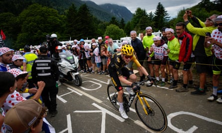 Jonas Vingegaard breaks away from his main rival, Tadej Pogacar, as he climbs the Col de Marie Blanque
