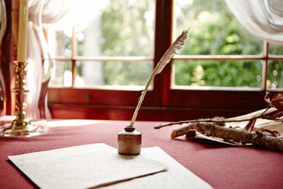 Quill and writing paper on a table at Elizabeth Farm, the home of John and Elizabeth Macarthur.