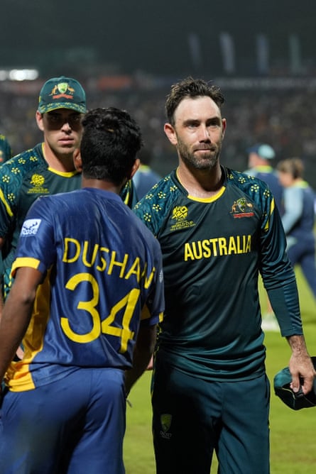 Glenn Maxwell of Australia looks dejected after the team's defeat to Sri Lanka.
