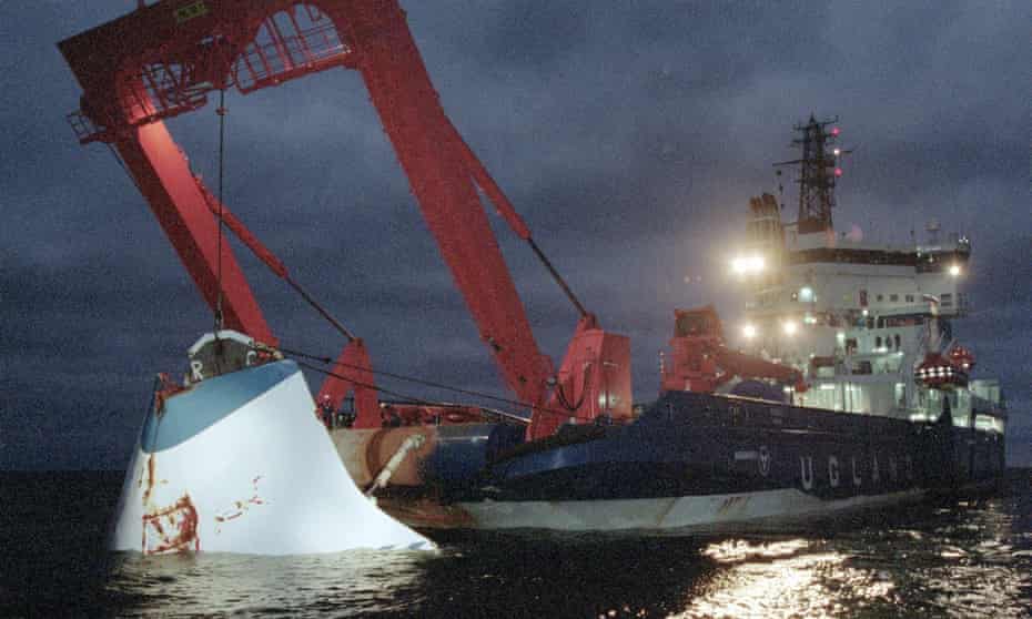 The bow door of the sunken Estonia ferry being lifted from the seabed in November 1994