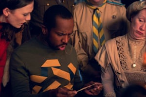 Alison (Charlotte Ritchie), Mike (Kiell Smith-Bynoe), and Lady Button (Martha Howe-Douglas) in Ghosts