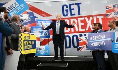 Boris Johnson speaking at the unveiling of the Conservative party’s campaign bus.
