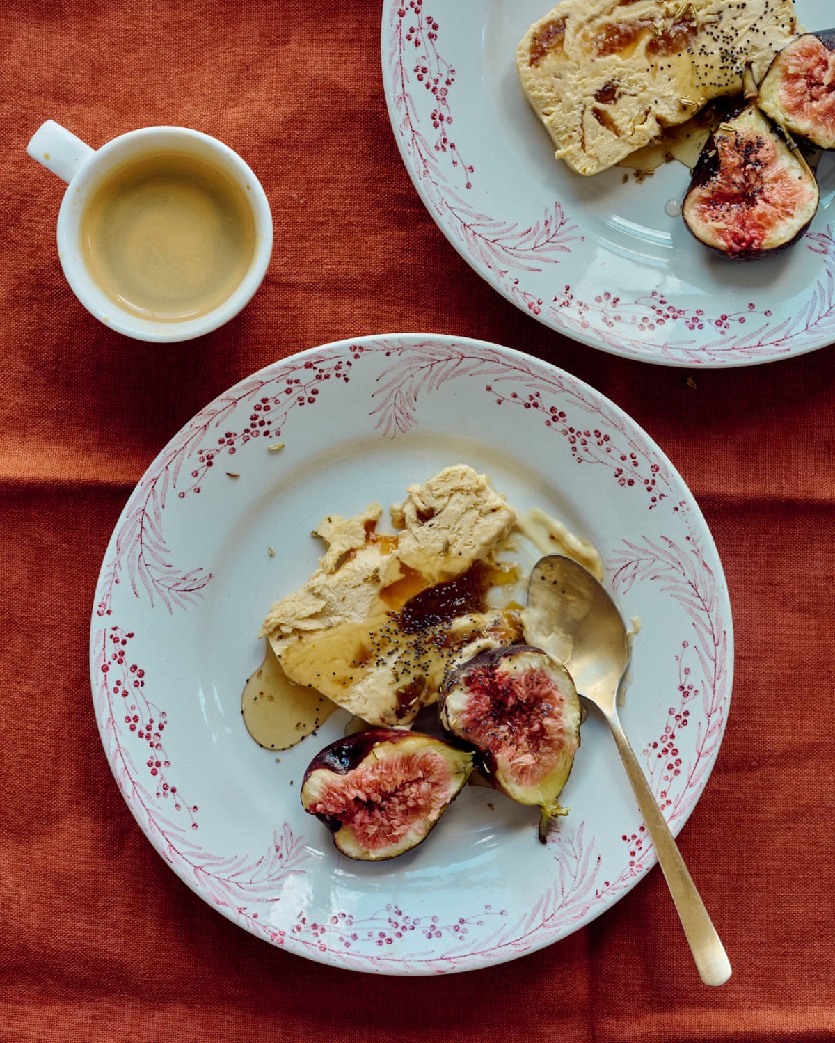 Chris Leach’s honey, thyme and fig semifreddoon plates with a coffee beside it