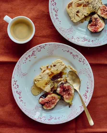 Chris Leach’s honey, thyme and fig semifreddoon plates with a coffee beside it