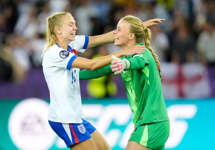 Hannah Hampton (right) is congratulated by Esme Morgan after the goalkeeper saved two penalties in the shootout.