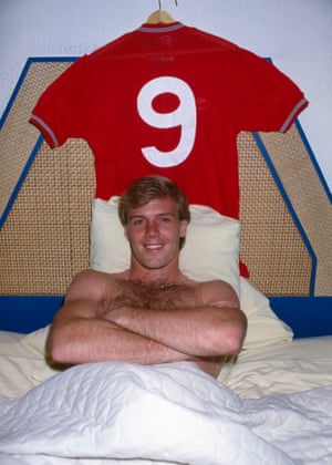 June 1985 Kerry Dixon proudly displays his England shirt in his hotel room after scoring two goals in the 3-0 win over West Germany