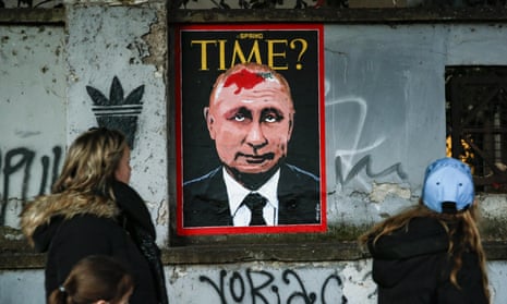 A mural depicts a hypothetical Time magazine cover that portrays the face of Russian president Valdimir Putin with a birthmark on his head in the shape of Ukraine, referring to the birthmark of Michail Gorbachev.