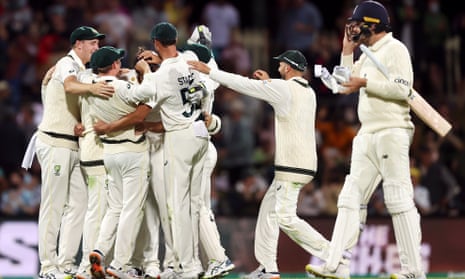 Ollie Robinson trudges off as Australia celebrate victory on day three of the fifth Test