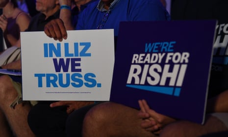 Supporters of Liz Truss and Rishi Sunak at the Conservative party leadership election hustings in Eastbourne, 5 August 2022