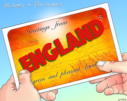 A postcard saying ‘greetings from England’s green and pleasant land’ over the top of a picture of scorched earth.