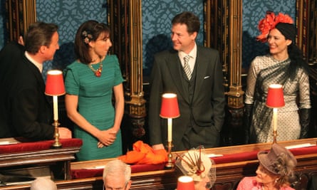 David and Samantha Cameron, Nick Clegg and Miriam González Durántez at the royal wedding in 2011.