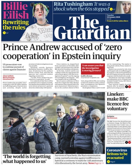 Guardian front page, Tuesday 28 January 2020