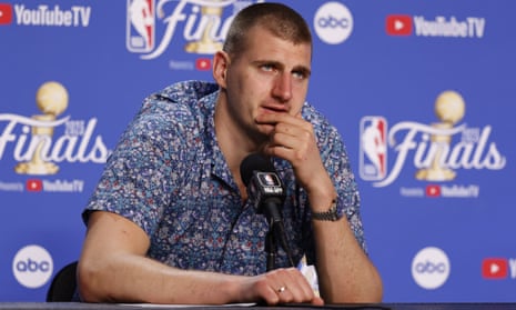 Nikola Jokić ponders a postgame question.