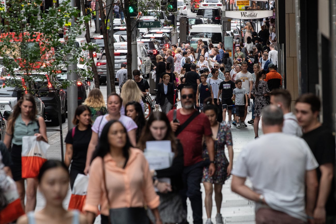 Crowds of shoppers on Market Street, Sydney, Australia.