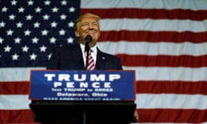 Donald Trump smiles after making what he said was a major announcement at a campaign rally in Delaware, Ohio Thursday.