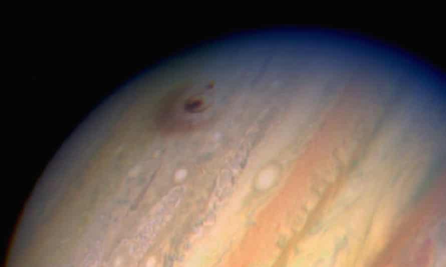 Marks from the impact of Comet Shoemaker-Levy 9 on Jupiter.