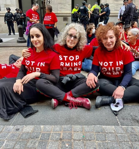 From left: artist Molly Crabapple, actor Debra Winger and photographer Nan Goldin take part in a pro-Palestinian demonstration outside the New York Stock Exchange in October 2024.