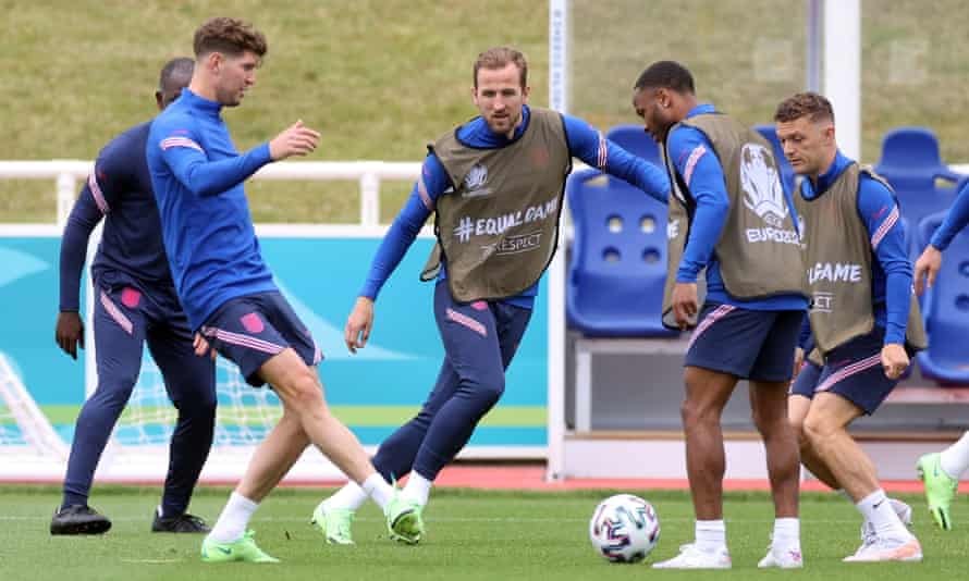 John Stones, Harry Kane, Raheem Sterling and Kieran Trippier in training.