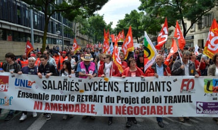 Demonstrators march during a protest against labour and employment law reform in Bordeaux.