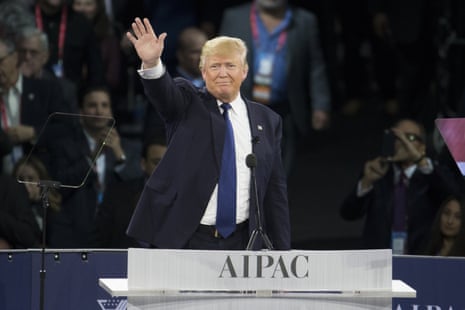 Donald Trump waves after giving a speech at the 2016 American Israel Public Affairs Committee (Aipac) conference in Washington.