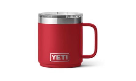 A red and steel travel mug